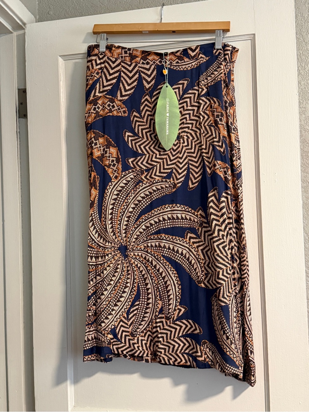 FARM Rio Navy and Tan Midi Skirt with Bold Floral Print